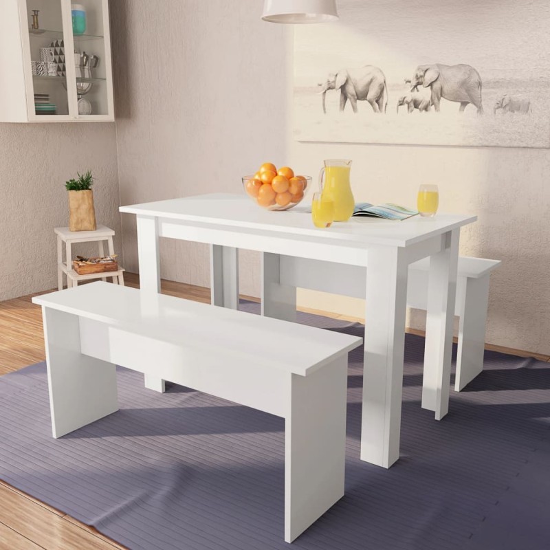 Tavolo da Pranzo e Panche 3 pz Truciolato Bianco Tavolo da Pranzo e Panche 3 pz Truciolato Bianco