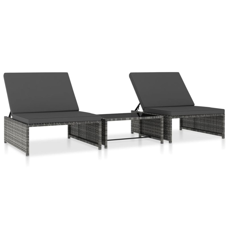 Lettini Prendisole 2 pz con Tavolo in Polyrattan Grigio Lettini Prendisole 2 pz con Tavolo in Polyrattan Grigio