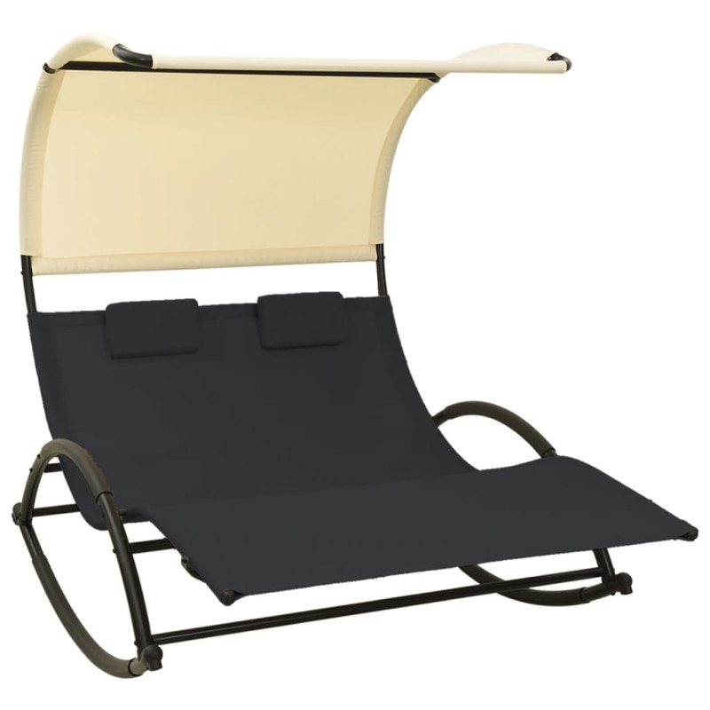 Lettino Prendisole Doppio con Baldacchino Textilene Nero Crema Lettino Prendisole Doppio con Baldacchino Textilene Nero Crema