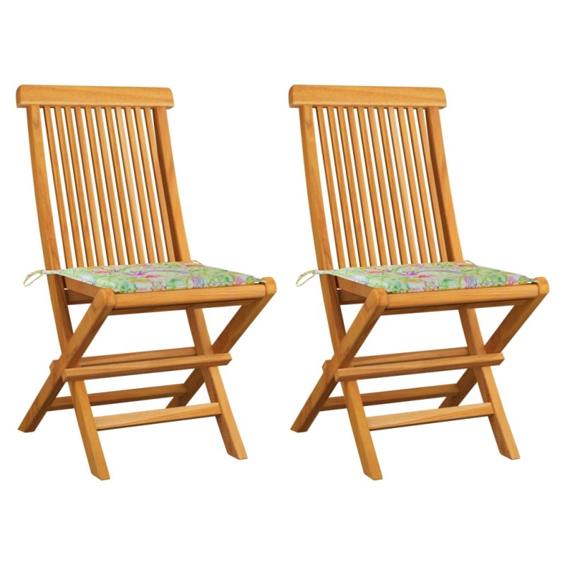 Sedie da Giardino 2 pz Cuscini Motivo a Foglie Massello di Teak Sedie da Giardino 2 pz Cuscini Motivo a Foglie Massello di Teak