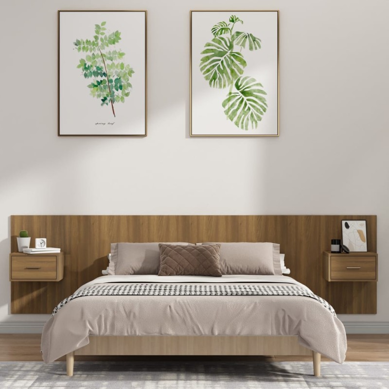 Testiera Letto con Armadietti Rovere Marrone Legno Multistrato Testiera Letto con Armadietti Rovere Marrone Legno Multistrato