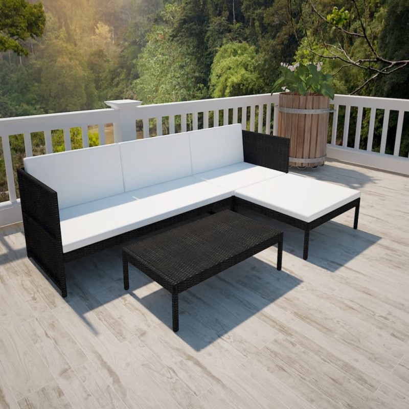 Set Divani da Giardino 3 pz con Cuscini in Polyrattan Nero Set Divani da Giardino 3 pz con Cuscini in Polyrattan Nero