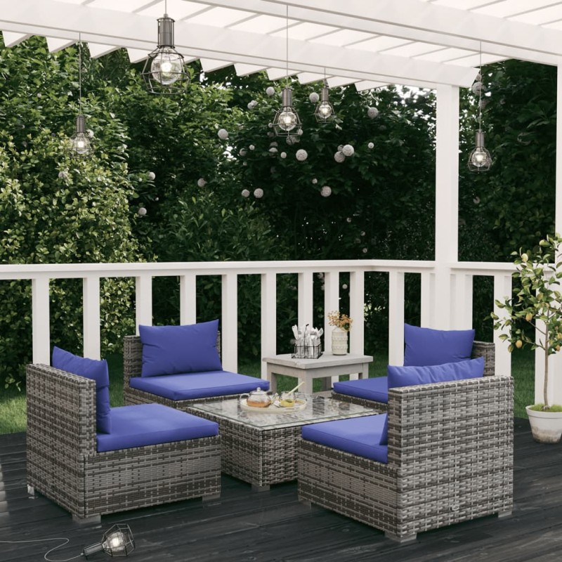 Set Divani da Giardino 5 pz con Cuscini in Polyrattan Grigio Set Divani da Giardino 5 pz con Cuscini in Polyrattan Grigio