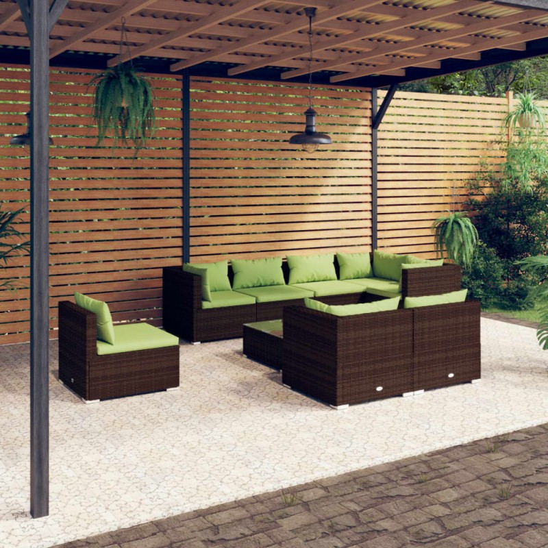 Set Divani da Giardino 9 pz con Cuscini in Polyrattan Marrone Set Divani da Giardino 9 pz con Cuscini in Polyrattan Marrone