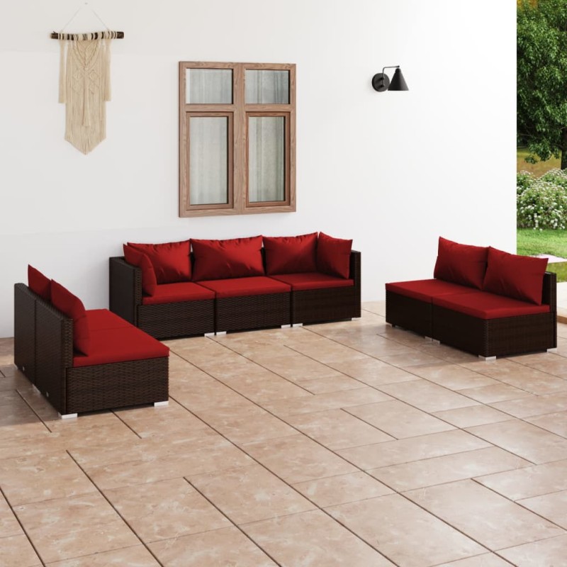 Set Divani da Giardino 7 pz con Cuscini in Polyrattan Marrone Set Divani da Giardino 7 pz con Cuscini in Polyrattan Marrone