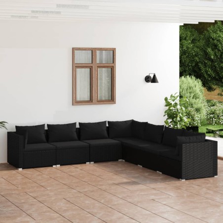Set Divani da Giardino 7 pz con Cuscini in Polyrattan Nero