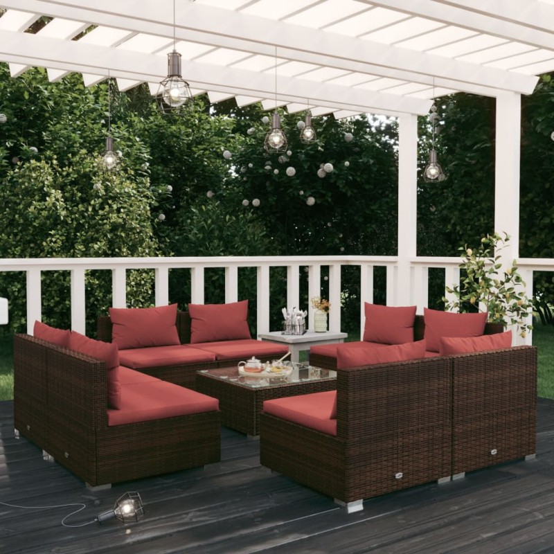 Set da Giardino 9 pz con Cuscini in Polyrattan Marrone Set da Giardino 9 pz con Cuscini in Polyrattan Marrone