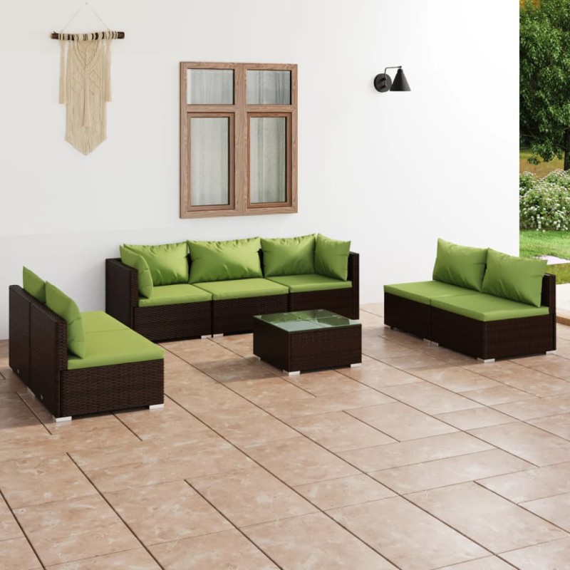 Set Divani da Giardino 8 pz con Cuscini in Polyrattan Marrone Set Divani da Giardino 8 pz con Cuscini in Polyrattan Marrone