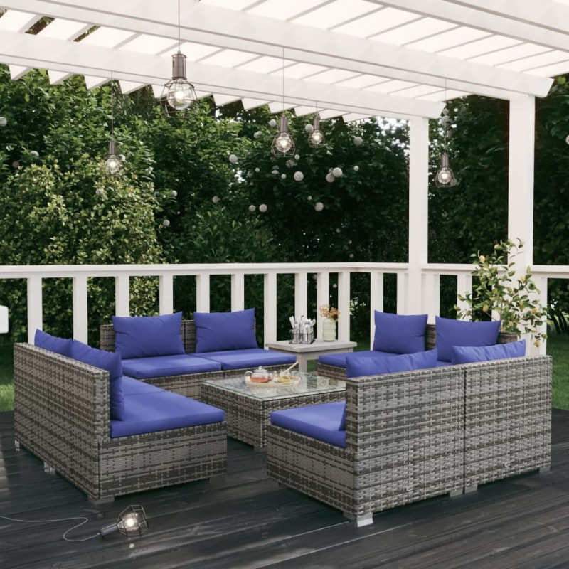 Set Divani da Giardino 9 pz con Cuscini in Polyrattan Grigio Set Divani da Giardino 9 pz con Cuscini in Polyrattan Grigio