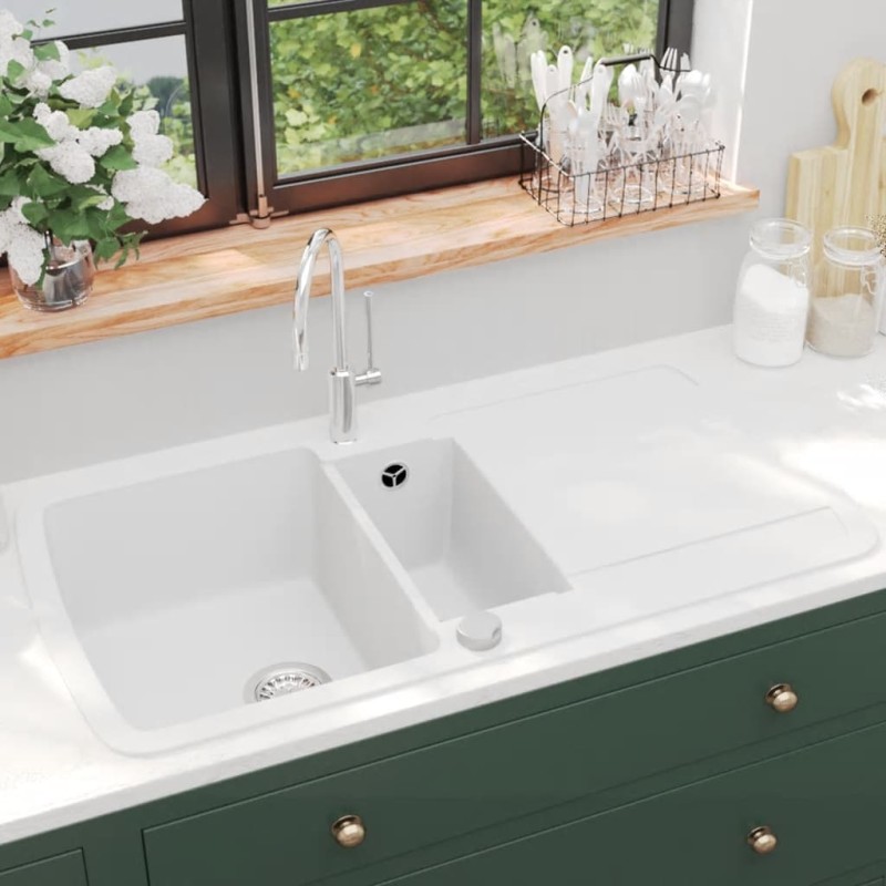 vidaXL Lavello da Cucina in Granito Vasca Doppia Bianco