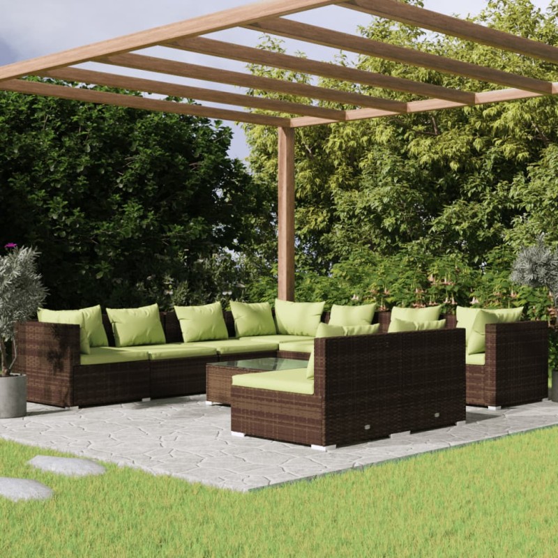 Set Divani da Giardino 10 pz con Cuscini in Polyrattan Marrone Set Divani da Giardino 10 pz con Cuscini in Polyrattan Marrone