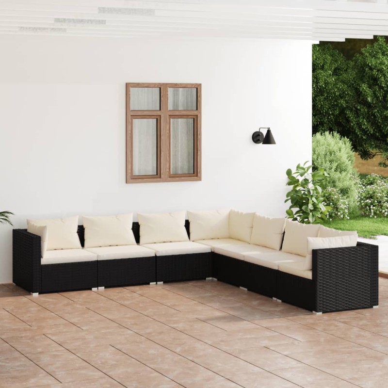Set Salotto da Giardino 7 pz con Cuscini in Polyrattan Nero Set Salotto da Giardino 7 pz con Cuscini in Polyrattan Nero