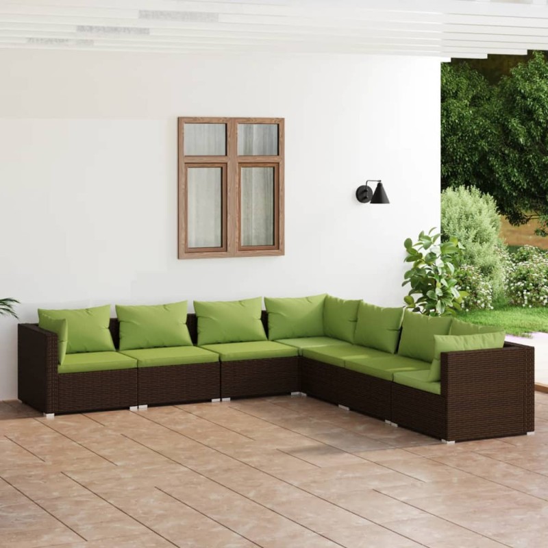 Set Divani da Giardino 7 pz con Cuscini in Polyrattan Marrone Set Divani da Giardino 7 pz con Cuscini in Polyrattan Marrone