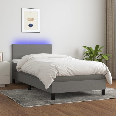 vidaXL Letto a Molle Materasso e LED Grigio Scuro 90x190 cm in Tessuto