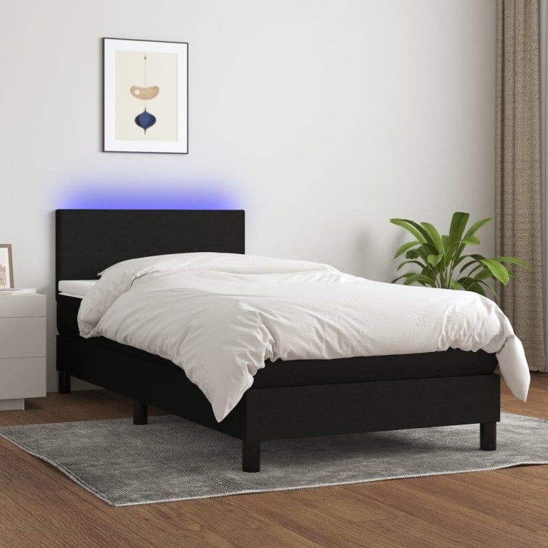 Letto a Molle con Materasso e LED Nero 90x200 cm in Tessuto Letto a Molle con Materasso e LED Nero 90x200 cm in Tessuto