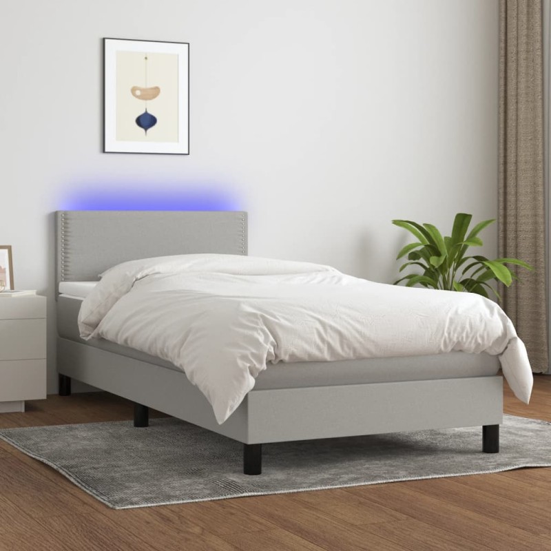 Letto a Molle Materasso e LED Grigio Chiaro 100x200 cm Tessuto Letto a Molle Materasso e LED Grigio Chiaro 100x200 cm Tessuto