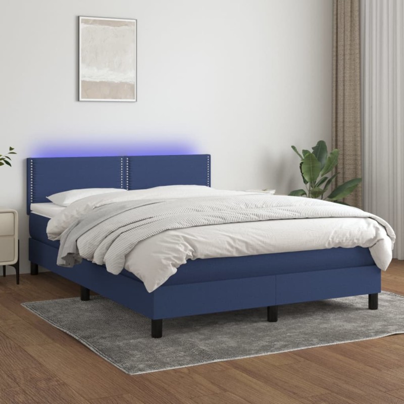Letto a Molle con Materasso e LED Blu 140x200 cm in Tessuto Letto a Molle con Materasso e LED Blu 140x200 cm in Tessuto