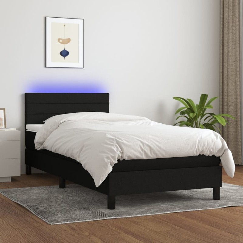 Letto a Molle con Materasso e LED Nero 90x190 cm in Tessuto Letto a Molle con Materasso e LED Nero 90x190 cm in Tessuto