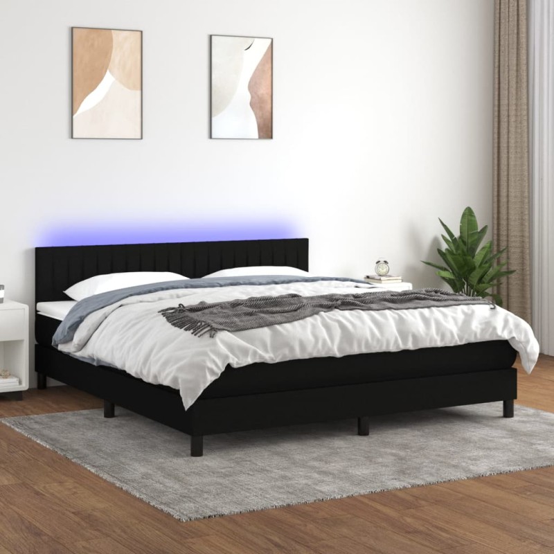Letto a Molle con Materasso e LED Nero 160x200 cm in Tessuto Letto a Molle con Materasso e LED Nero 160x200 cm in Tessuto