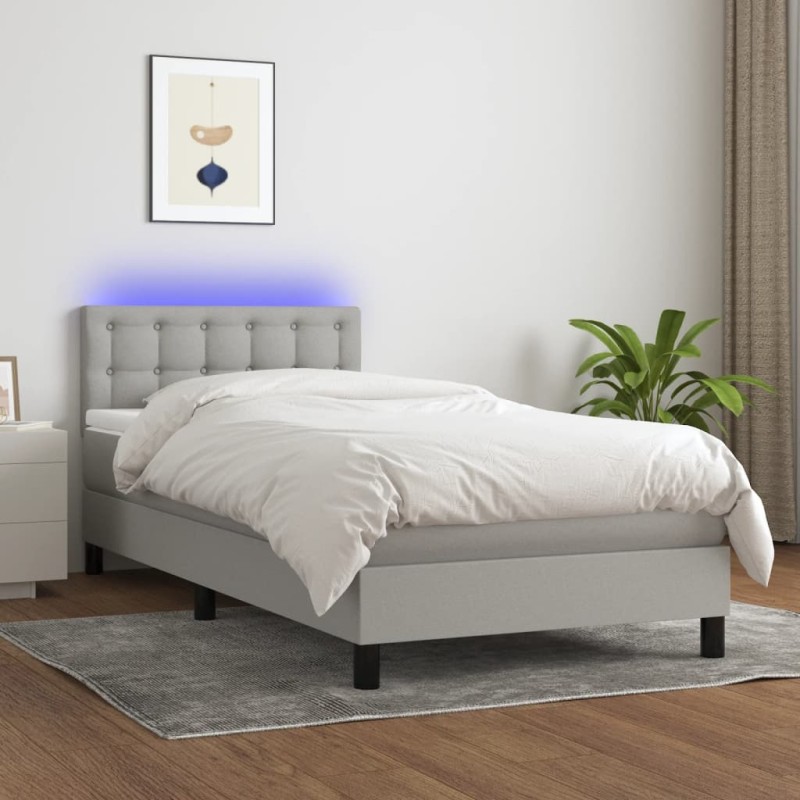 Letto a Molle Materasso e LED Grigio Chiaro 100x200 cm Tessuto Letto a Molle Materasso e LED Grigio Chiaro 100x200 cm Tessuto