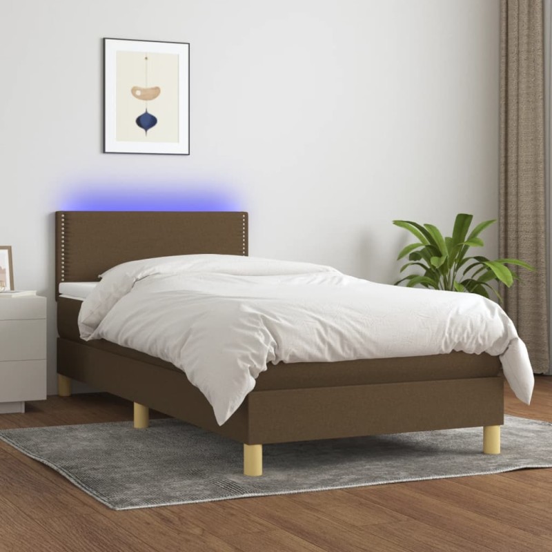 Letto a Molle Materasso e LED Marrone Scuro 90x200cm in Tessuto Letto a Molle Materasso e LED Marrone Scuro 90x200cm in Tessuto