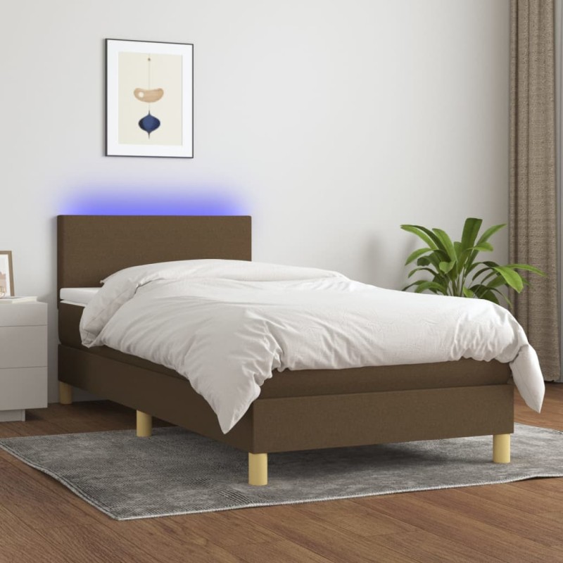 Letto a Molle Materasso e LED Marrone Scuro 90x200cm in Tessuto Letto a Molle Materasso e LED Marrone Scuro 90x200cm in Tessuto