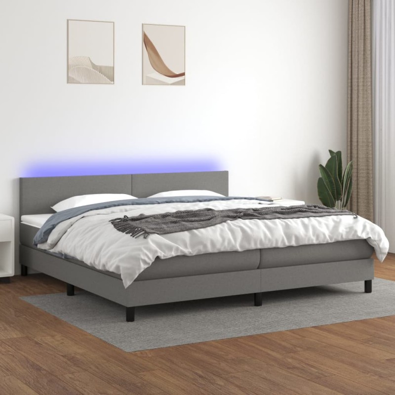 Letto a Molle Materasso e LED Grigio Scuro 200x200cm in Tessuto Letto a Molle Materasso e LED Grigio Scuro 200x200cm in Tessuto