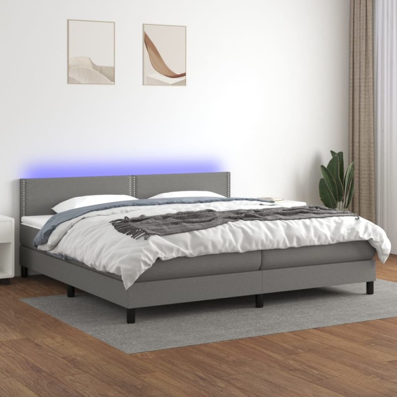 Letto a Molle Materasso e LED Grigio Scuro 200x200cm in Tessuto Letto a Molle Materasso e LED Grigio Scuro 200x200cm in Tessuto