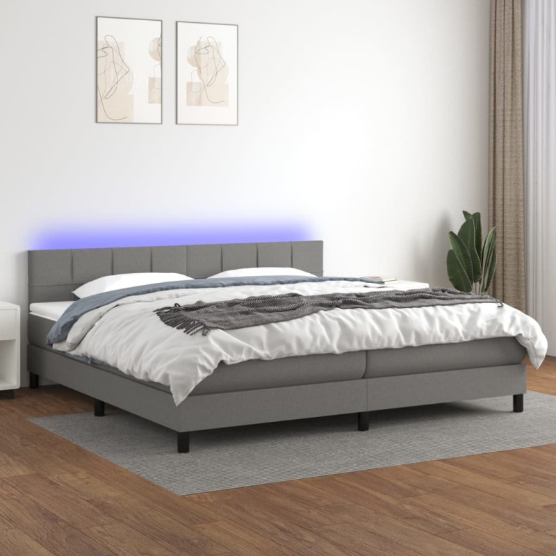 Letto a Molle Materasso e LED Grigio Scuro 200x200cm in Tessuto Letto a Molle Materasso e LED Grigio Scuro 200x200cm in Tessuto