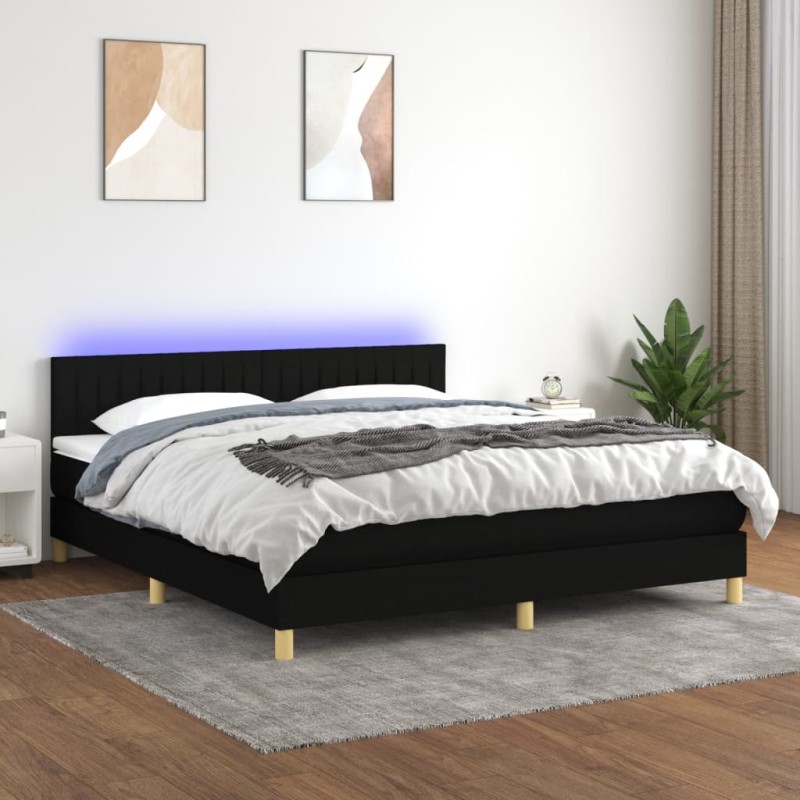 Letto a Molle con Materasso e LED Nero 160x200 cm in Tessuto Letto a Molle con Materasso e LED Nero 160x200 cm in Tessuto