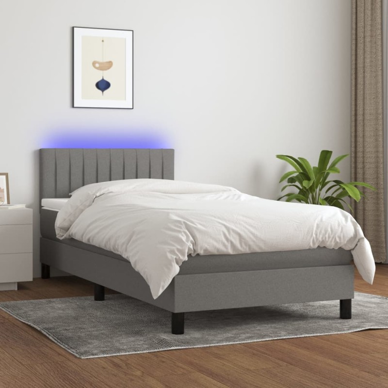 Letto a Molle Materasso e LED Grigio Scuro 90x200 cm in Tessuto Letto a Molle Materasso e LED Grigio Scuro 90x200 cm in Tessuto
