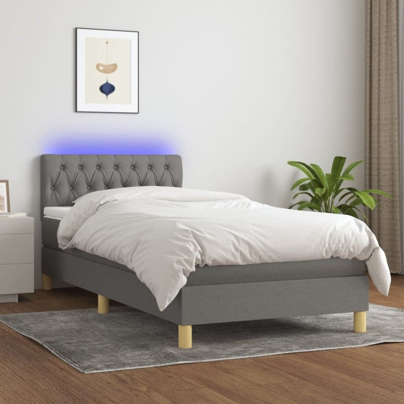 Letto a Molle Materasso e LED Grigio Scuro 90x200 cm in Tessuto Letto a Molle Materasso e LED Grigio Scuro 90x200 cm in Tessuto