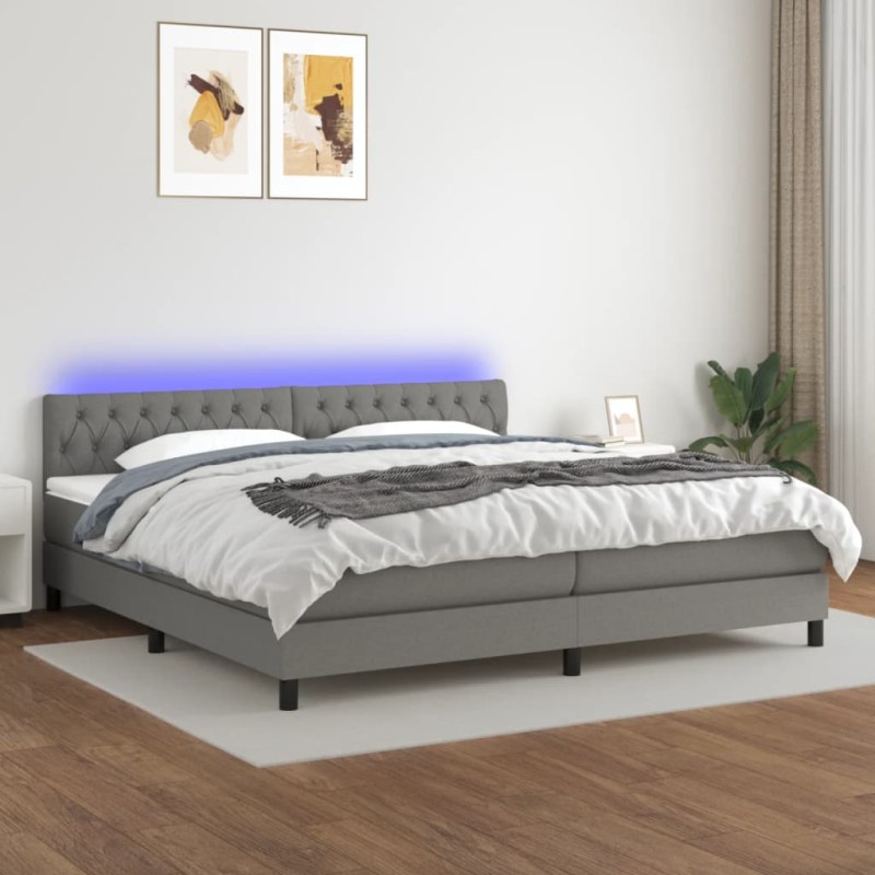 vidaXL Letto a Molle Materasso e LED Grigio Scuro 200x200cm in Tessuto vidaXL Letto a Molle Materasso e LED Grigio Scuro 200x200cm in Tessuto