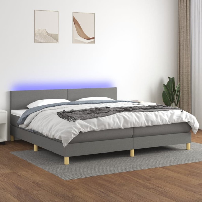 Letto a Molle Materasso e LED Grigio Scuro 200x200cm in Tessuto Letto a Molle Materasso e LED Grigio Scuro 200x200cm in Tessuto
