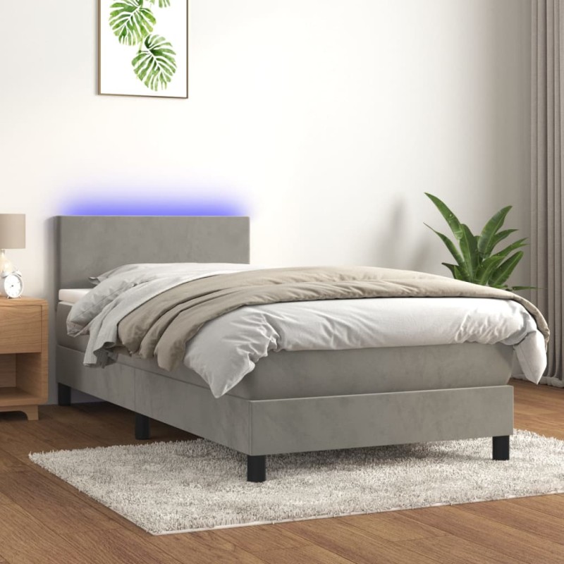 Letto a Molle Materasso e LED Grigio Chiaro 90x200 cm Velluto Letto a Molle Materasso e LED Grigio Chiaro 90x200 cm Velluto