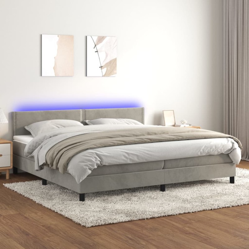 Letto a Molle Materasso e LED Grigio Chiaro 200x200 cm Velluto Letto a Molle Materasso e LED Grigio Chiaro 200x200 cm Velluto