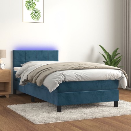 Letto a Molle con Materasso e LED Blu Scuro 100x200 cm