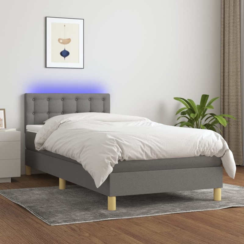 Letto a Molle Materasso e LED Grigio Scuro 90x190 cm in Tessuto Letto a Molle Materasso e LED Grigio Scuro 90x190 cm in Tessuto