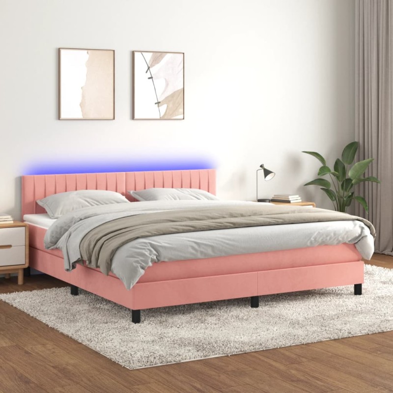 Letto a Molle con Materasso e LED Rosa 180x200 cm in Velluto Letto a Molle con Materasso e LED Rosa 180x200 cm in Velluto