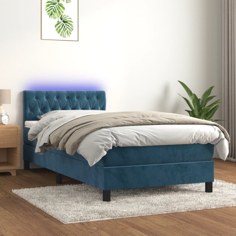 Letto a Molle con Materasso e LED Blu Scuro 90x200cm in Velluto Letto a Molle con Materasso e LED Blu Scuro 90x200cm in Velluto