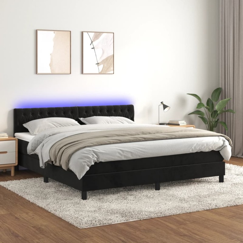 Letto a Molle con Materasso e LED Nero 180x200 cm in Velluto Letto a Molle con Materasso e LED Nero 180x200 cm in Velluto