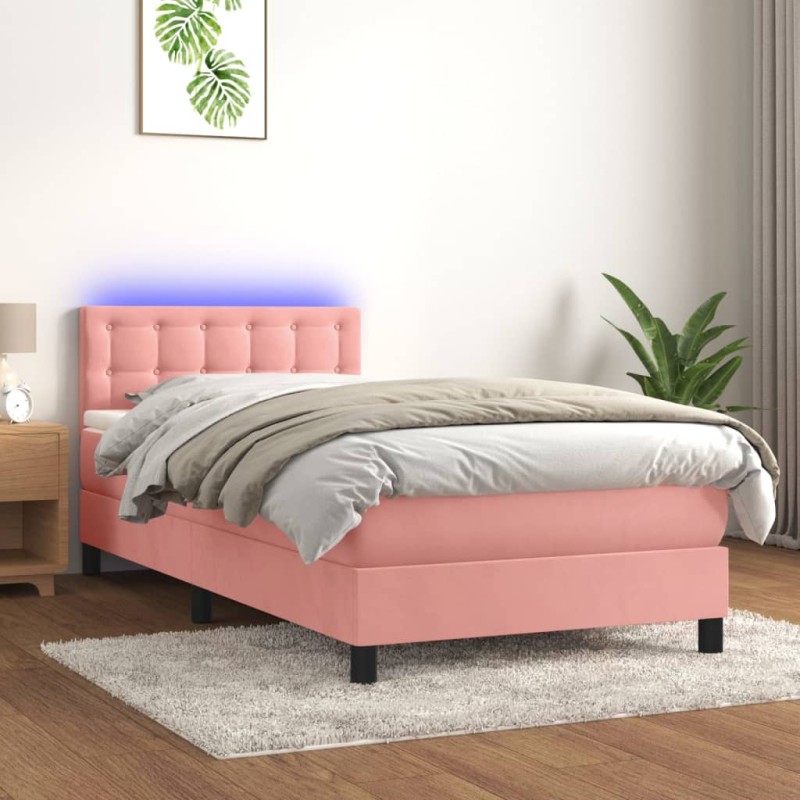 Letto a Molle con Materasso e LED Rosa 100x200 cm in Velluto Letto a Molle con Materasso e LED Rosa 100x200 cm in Velluto