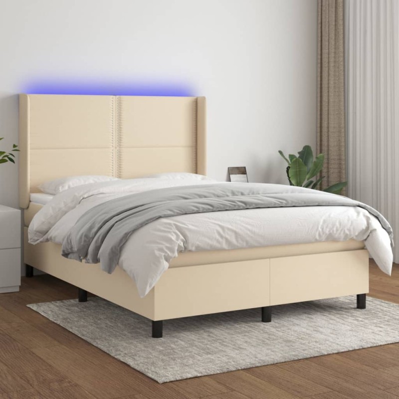 Letto a Molle con Materasso e LED Crema 140x200 cm in Tessuto Letto a Molle con Materasso e LED Crema 140x200 cm in Tessuto