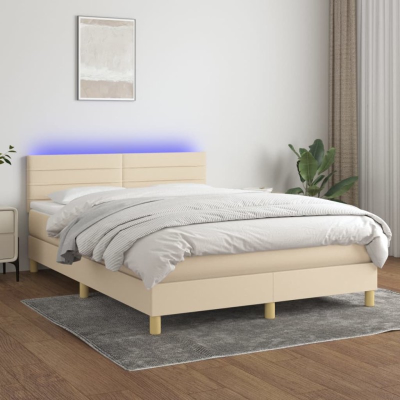 Letto a Molle con Materasso e LED Crema 140x200 cm in Tessuto Letto a Molle con Materasso e LED Crema 140x200 cm in Tessuto