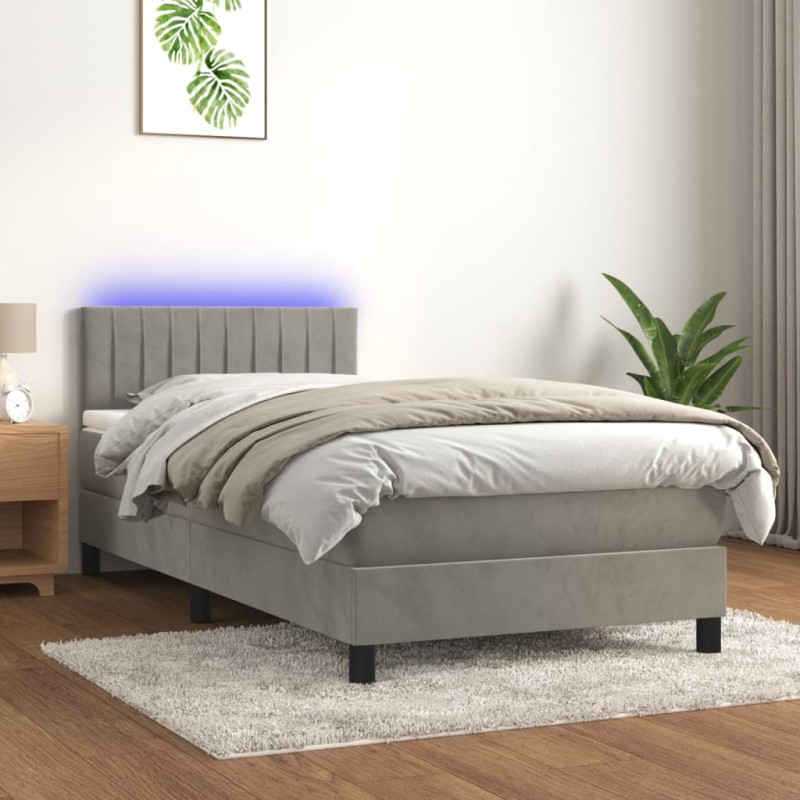 Letto a Molle Materasso e LED Grigio Chiaro 90x200 cm Velluto Letto a Molle Materasso e LED Grigio Chiaro 90x200 cm Velluto