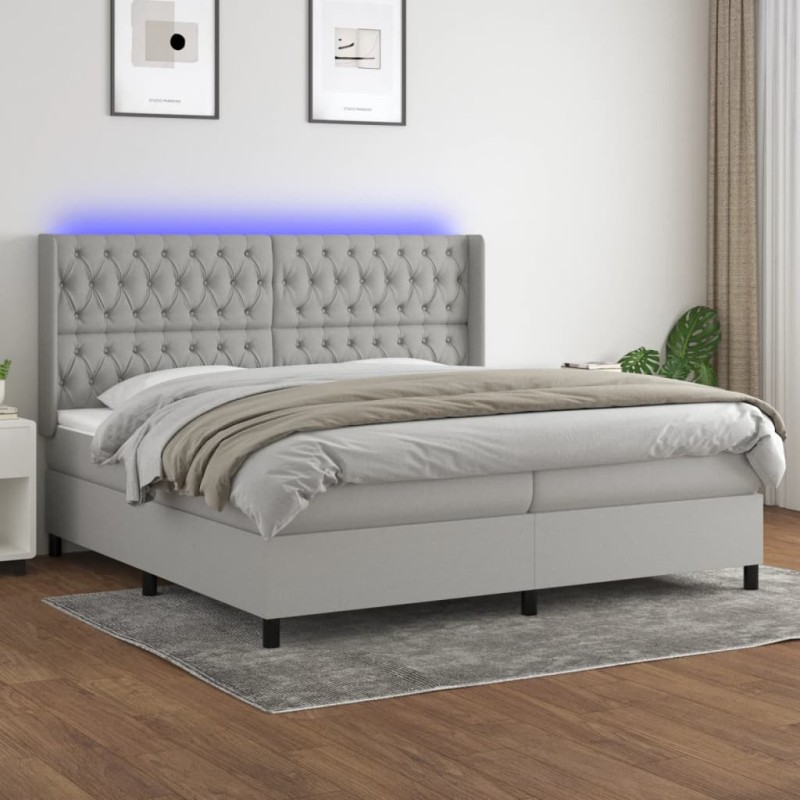 Letto a Molle Materasso e LED Grigio Chiaro 200x200 cm Tessuto Letto a Molle Materasso e LED Grigio Chiaro 200x200 cm Tessuto