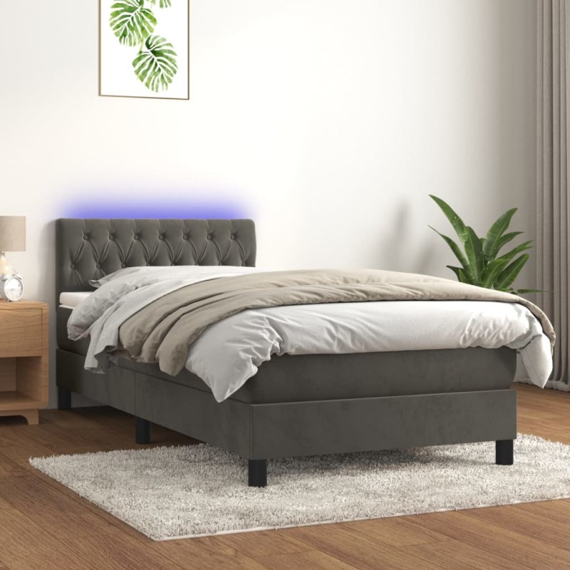Letto a Molle con Materasso e LED Grigio Scuro 90x200cm Velluto Letto a Molle con Materasso e LED Grigio Scuro 90x200cm Velluto