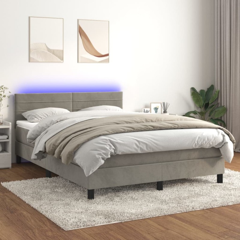 Letto a Molle Materasso e LED Grigio Chiaro 140x200 cm Velluto Letto a Molle Materasso e LED Grigio Chiaro 140x200 cm Velluto