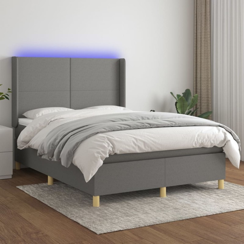 Letto a Molle Materasso e LED Grigio Scuro 140x200cm in Tessuto Letto a Molle Materasso e LED Grigio Scuro 140x200cm in Tessuto