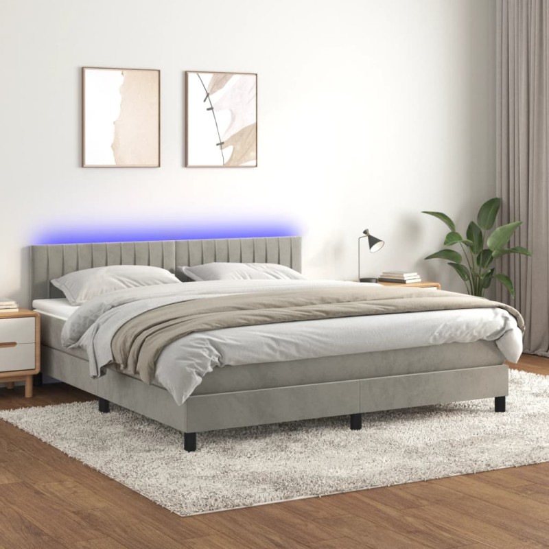 Letto a Molle Materasso e LED Grigio Chiaro 180x200 cm Velluto Letto a Molle Materasso e LED Grigio Chiaro 180x200 cm Velluto
